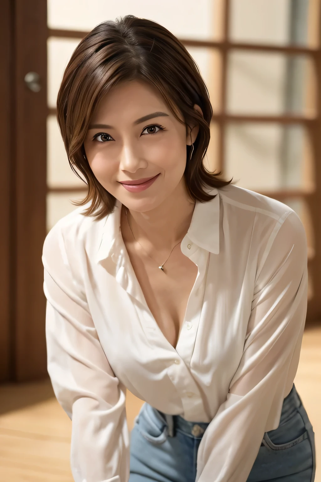 8K, Highest quality, masterpiece, Realistic, Realistic, Very detailed, Natural light, 1 Japanese female, 40 years old, Slightly brown-haired, short hair, White shirt, (Leaning forward to look into the floor camera), Detailed bending forward, Underwear and shirt, , Open neckline shirt with details, Her cleavage is visible, A refreshing smile, A friendly smile, Happy emotion smiley faces, Very detailedな顔と肌, Very detailedな目, Very detailedな顔と肌, Very detailed smile,