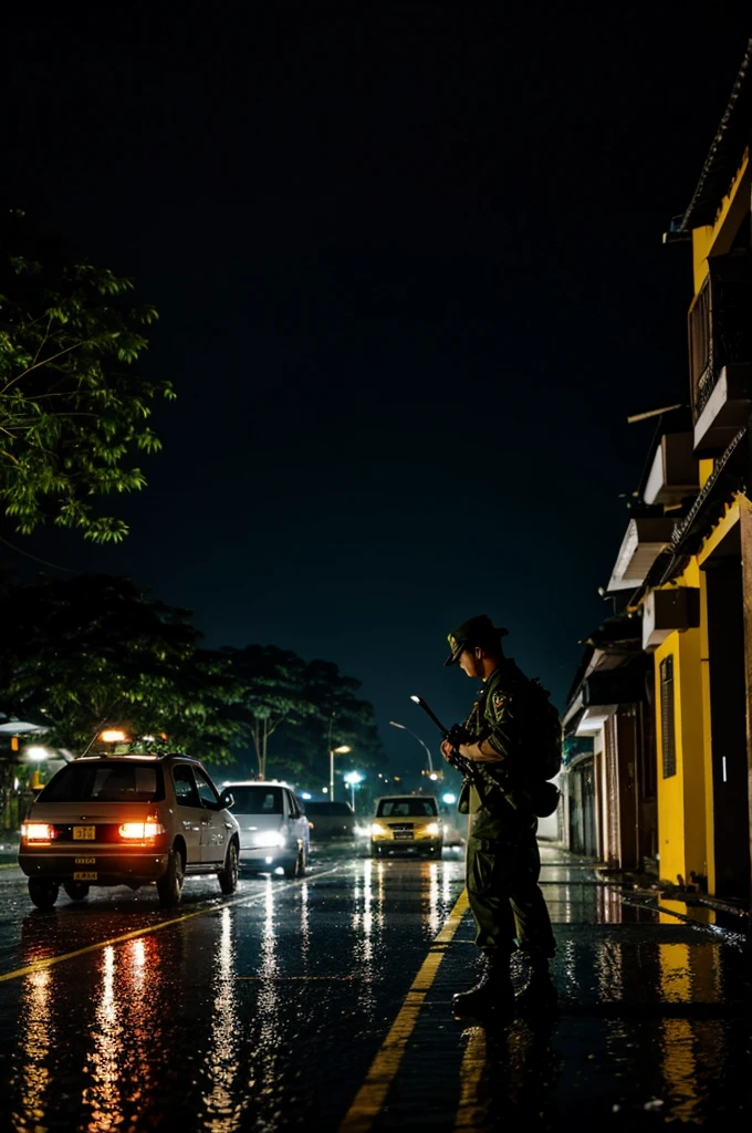 Malaysian soldier alone in rain at night