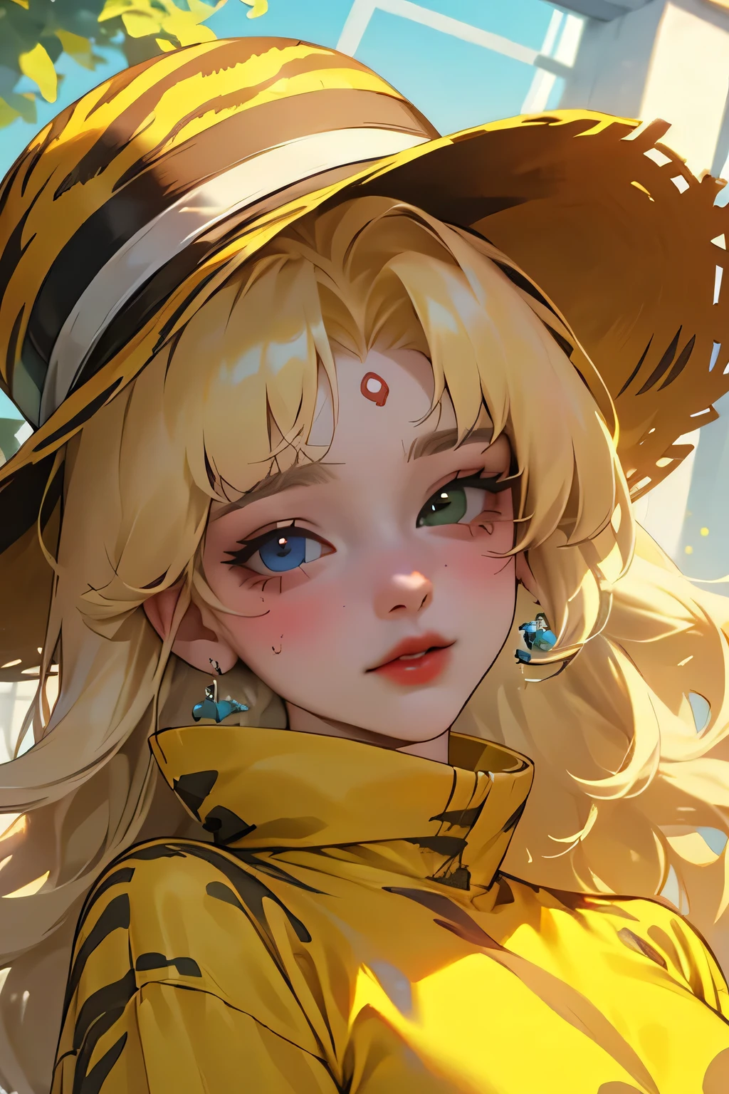 (high quality) (Best Quality) (Una Women) (correct physiognomy) (perfect students) (Perfect eyes) Women, blonde hair with bangs on the forehead, eyes with heterochromia dos orjs, one eye green and the other gold, sensitive lips, female appearance, soft facial features, thin eyebrows, soft skin, rosy cheeks, pink lips, silky eyelashes, dreamy expression, middle age, youth clothing, glitter sweatshirt, tiger print and hat, photo illuminated by sunlight, Women en un campo de girasoles