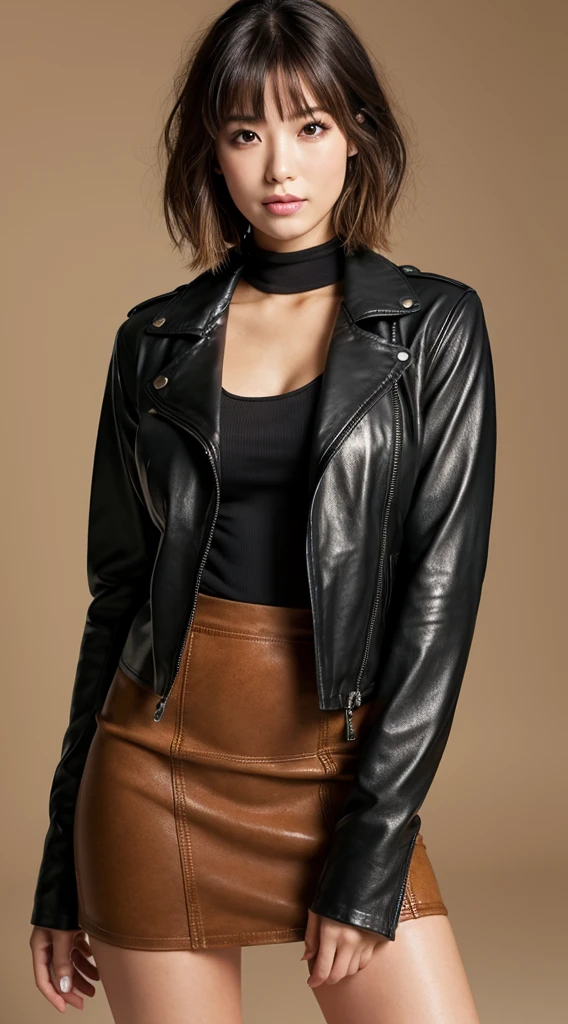 Best quality, 8 k, 32 thousand., masterpiece, uhd: 1.3), Photos of attractive Japanese women, one girl, (whole body : 1.0), press, Perfect body, (leather jacket:1.0),(skirt:1.1),(boots:1.0),ultra detailed face, Detailed lips, Perfect eyes, double eyelids,short hair,wild hair, has sex