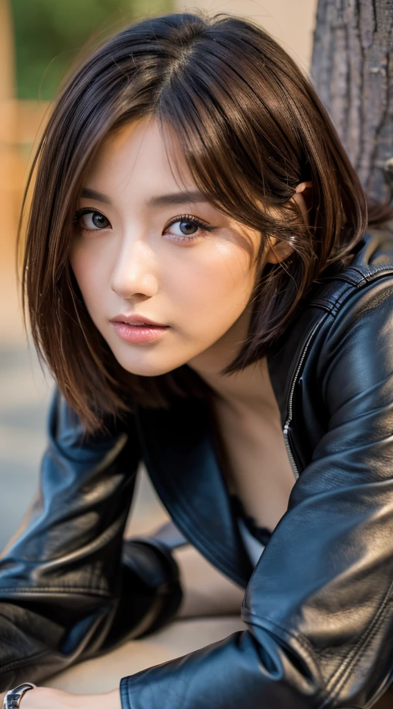 Best quality, 8 k, 32 thousand., masterpiece, uhd: 1.3), Photos of attractive Japanese women, one girl, (whole body : 1.0), press, Perfect body, (leather jacket:1.0),(skirt:1.1),(boots:1.0),ultra detailed face, Detailed lips, Perfect eyes, double eyelids,short hair,wild hair, has sex