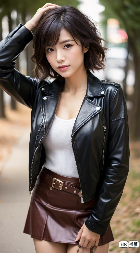 Best quality, 8 k, 32 thousand., masterpiece, uhd: 1.3), Photos of attractive Japanese women, one girl, (whole body : 1.0), press, Perfect body, (leather jacket:1.0),(skirt:1.1),(boots:1.0),ultra detailed face, Detailed lips, Perfect eyes, double eyelids,short hair,wild hair, has sex