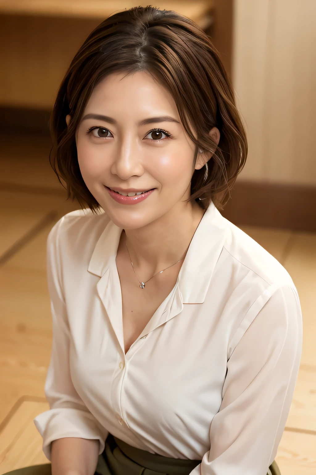 8K, Highest quality, masterpiece, Realistic, Realistic, Very detailed, Natural light, 1 Japanese female, 40 years old, Slightly brown-haired, short hair, White shirt, (Leaning forward to look into the floor camera), Detailed bending forward, Underwear and shirt, , Open neckline shirt with details, Her cleavage is visible, A refreshing smile, A friendly smile, Happy emotion smiley faces, Very detailedな顔と肌, Very detailedな目, Very detailedな顔と肌, Very detailed smile,