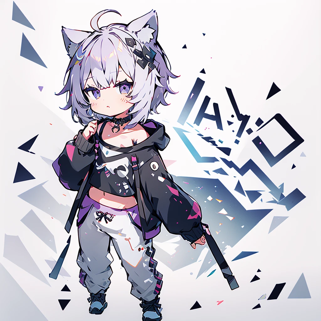 masterpiece, best quality, highres, aaokayu, short hair, ahoge, animal ears, cat tail, animal collar, black collar, collarbone, print hoodie, black hoodie, long sleeves, midriff, white pants, cowboy shot, standing,