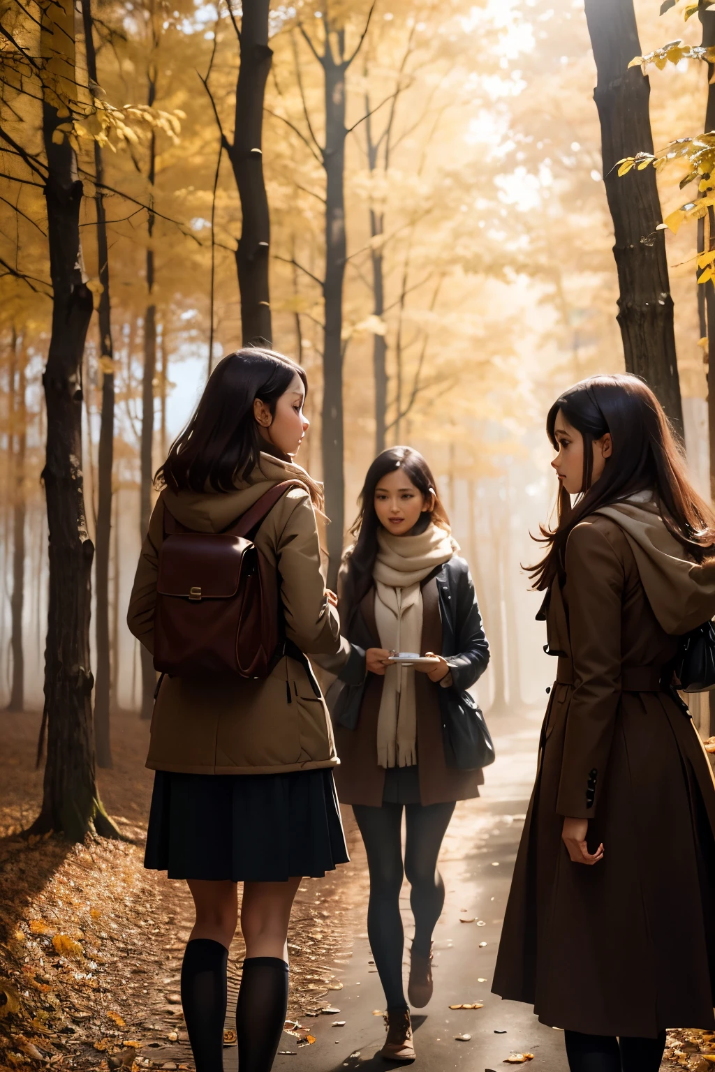 three girl in a path through the woods, fog, autumn landscape, sunlight filtering through the fog and branches