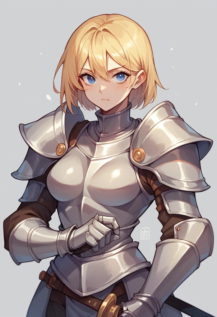 create a knight woman. She has light skin, blonde hair, and blue eyes. She is wearing a full armor, and holding a sword