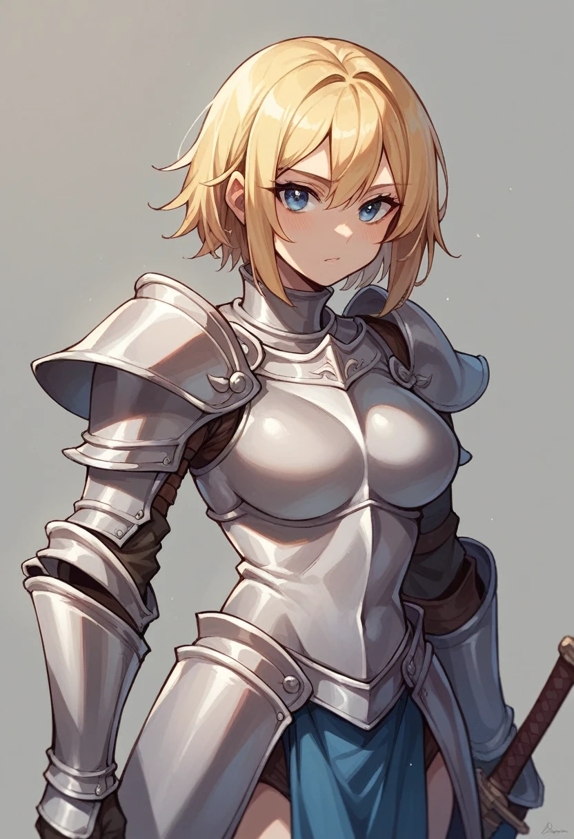 Only One Woman、Blonde、Blue eyes、short hair、Large Breasts、female knight、Wearing white armor、Black underwear、Wearing stockings、Is urinating、Leaning forward、Align inner thighs、Crouching、Place your hands on your crotch、Close ~ eyes、Embarrassing、shortness of breath、Open your mouth、Watery eye、Blushed face、Spilling urine