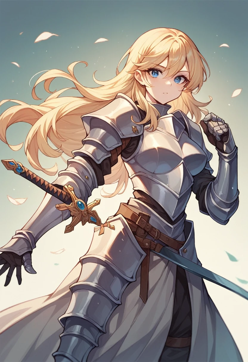 create a knight  woman. She has light skin, blonde hair, and blue eyes. She is wearing a full armor, and holding a sword