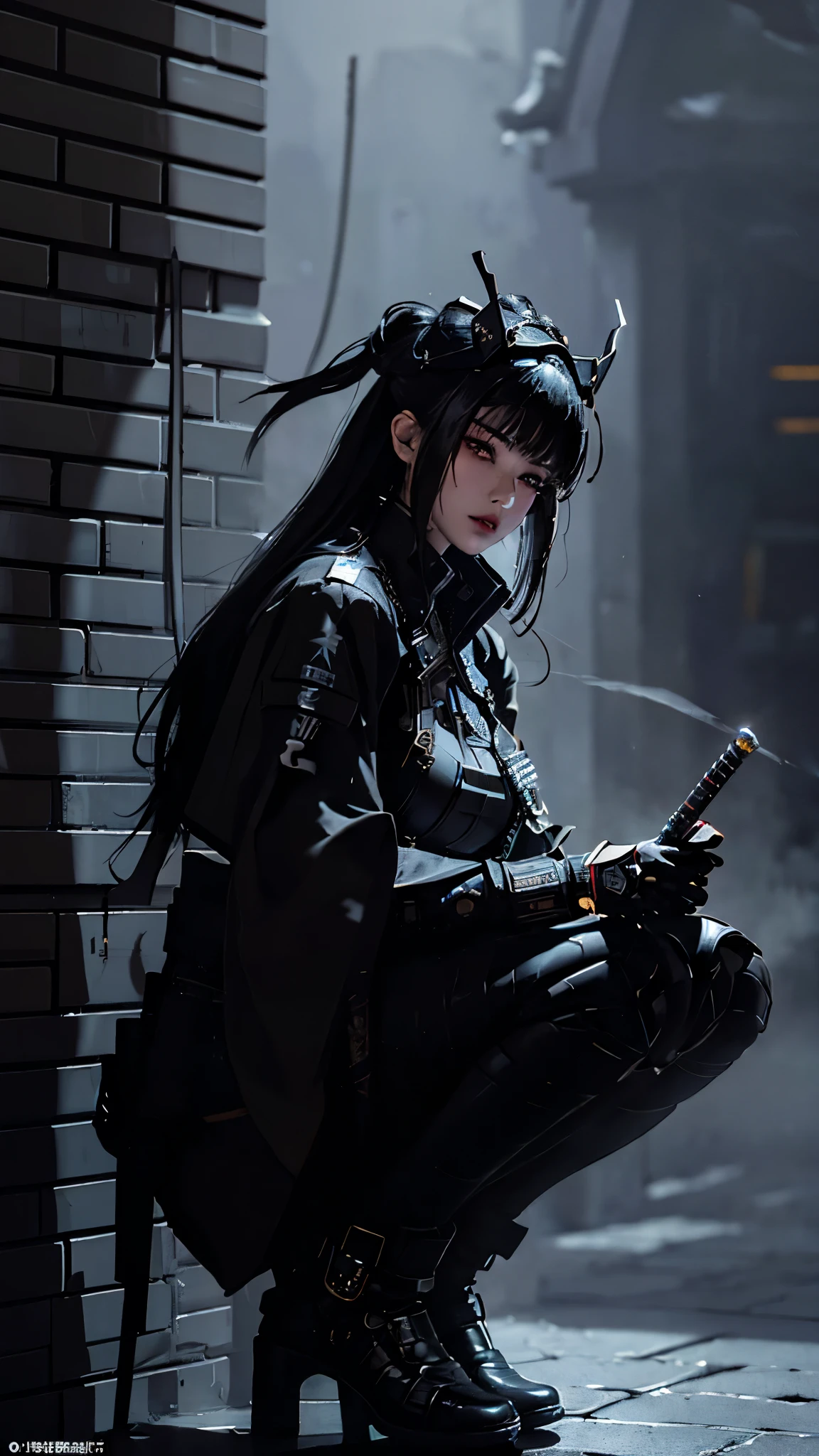Surreal version of a woman sitting on the wall with sword in hand, Sitting on the wall, very beautiful cyberpunk samurai, Sitting on the wall, Futuristic background, Smoky background, cyberpunk anime art, cyberpunk samurai, art cyberpunk city anime art, cyberpunk anime, cgsociety 9, digital cyberpunk anime art, maciej kuciara .1girl's style, samurai armor, demon mask helmet, intricate decorations, details, colors cold, metallic, Egyptian details, very intricate details, realistic lighting, trending on social cgs, glowing eyes, facing camera, Brick wall,neon details, surreal details, legs full body, Japanese atmosphere, global lighting, shadows, octane rendering, 8k, super sharp lolita.((Best quality)), ((masterpiece)), (details) :1.4), 3D, image of a beautiful cyberpunk woman, HDR (High Dynamic Range), Beam Range, NVIDIA RTX, Ultra High Resolution, Unreal 5, Subsurface Scattering, PBR Textures, Processing Post-processing, Anisotropic filtering, Depth of field, Maximum clarity and sharpness, Multi-layer textures, Reflection and reflection maps, Surface shadows, Accurate simulation of material-light interactions , Perfect Ratio, Octane Rendering, Dual-Tone Light Color, Wide Aperture, Low ISO, White Balance, Rule of Thirds, 8K RAW,