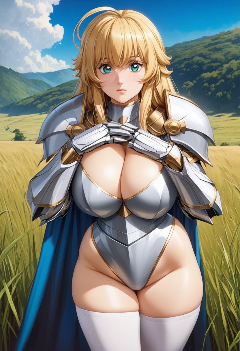 ((highest quality)), ((masterpiece)), ((hyperrealistic)), (detailed background), solo, 1girl, ((curvy: 1.2)), kawaii, female knight with a spear, ((armored dress)), langrisser, blonde braided long hair, Ahoge, (paladin armor), ((Tight-fitting leotard bodysuit)), ((large breasts)), ((arm guard gauntlet)), metal harness breastplate, belt waist armor, ((zettai ryouiki knee socks boots)), (big butt), (cleavage cutout), (Groin), (thighs), perfect cloak, beautiful aqua eyes, droopy eyes, perfect face, Perfect hands, perfect fingers, Blue sky and grassland, posing,