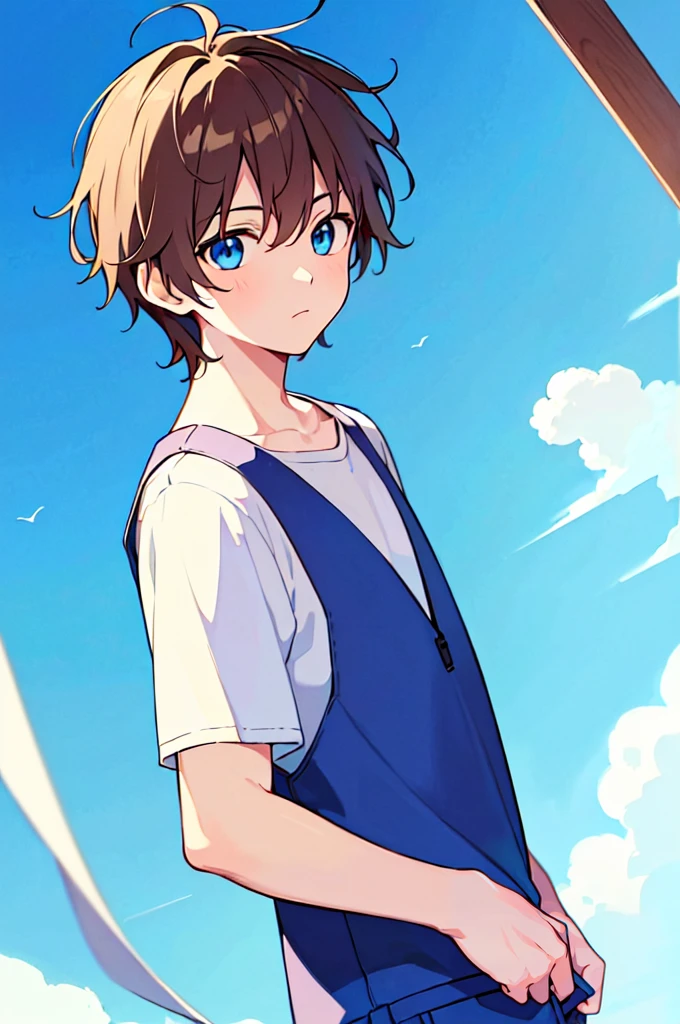 [(BUBBLE BACKGROUND:1.5),::5], (((masterpiece))), high quality, very_high_resolution, large_filesize, full color, Solo, (1 little boy), 13 old year, (men's short brown hair), vivid color, Blue eye, summer clothes, upper body, anime style