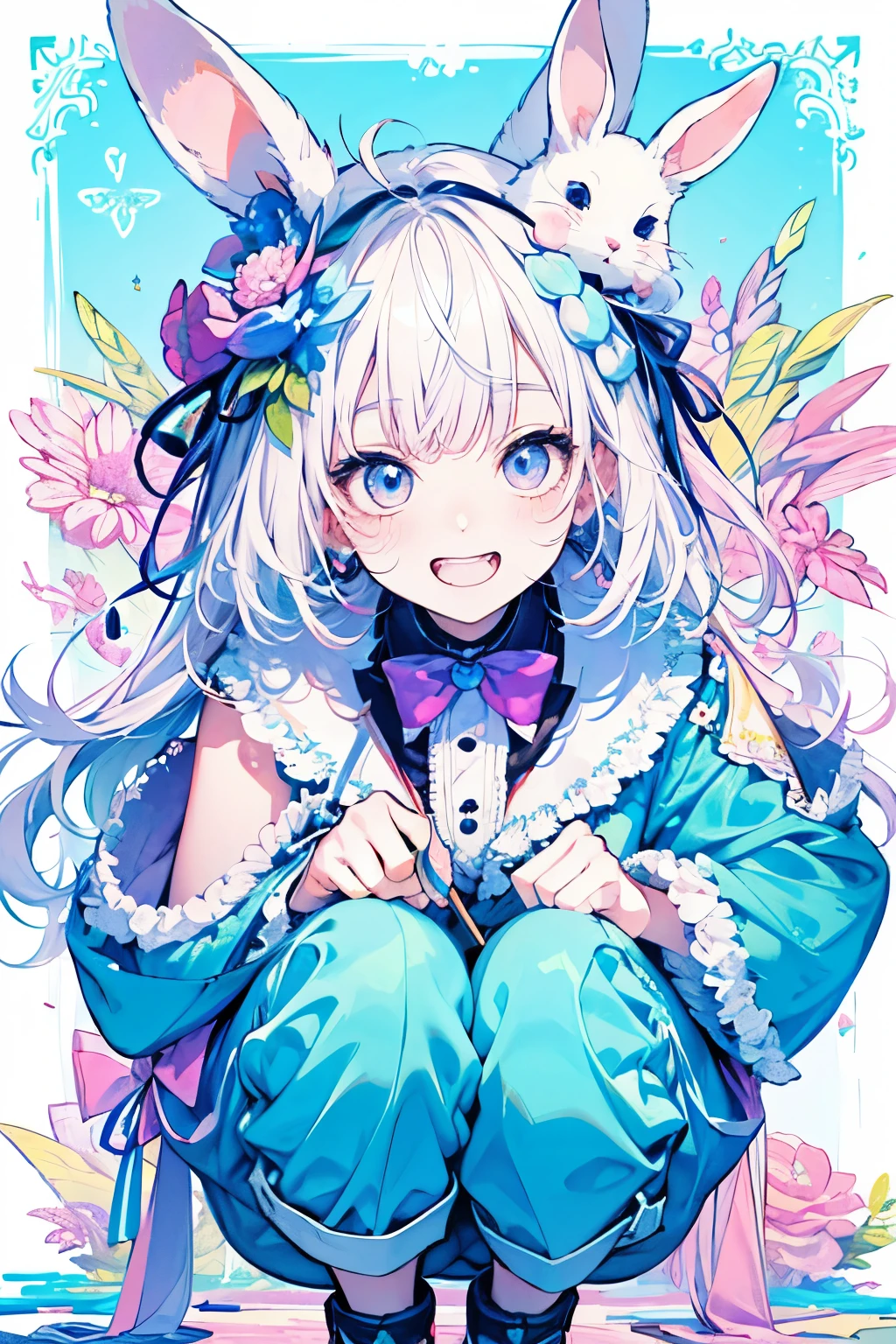 chibi character,Rabbit motif,(brush),((cute,kawaii,wonderland)),((pastel color)),((Cute assortment)),(Shy laugh),Shiny White hair,Rainbow,(squat)