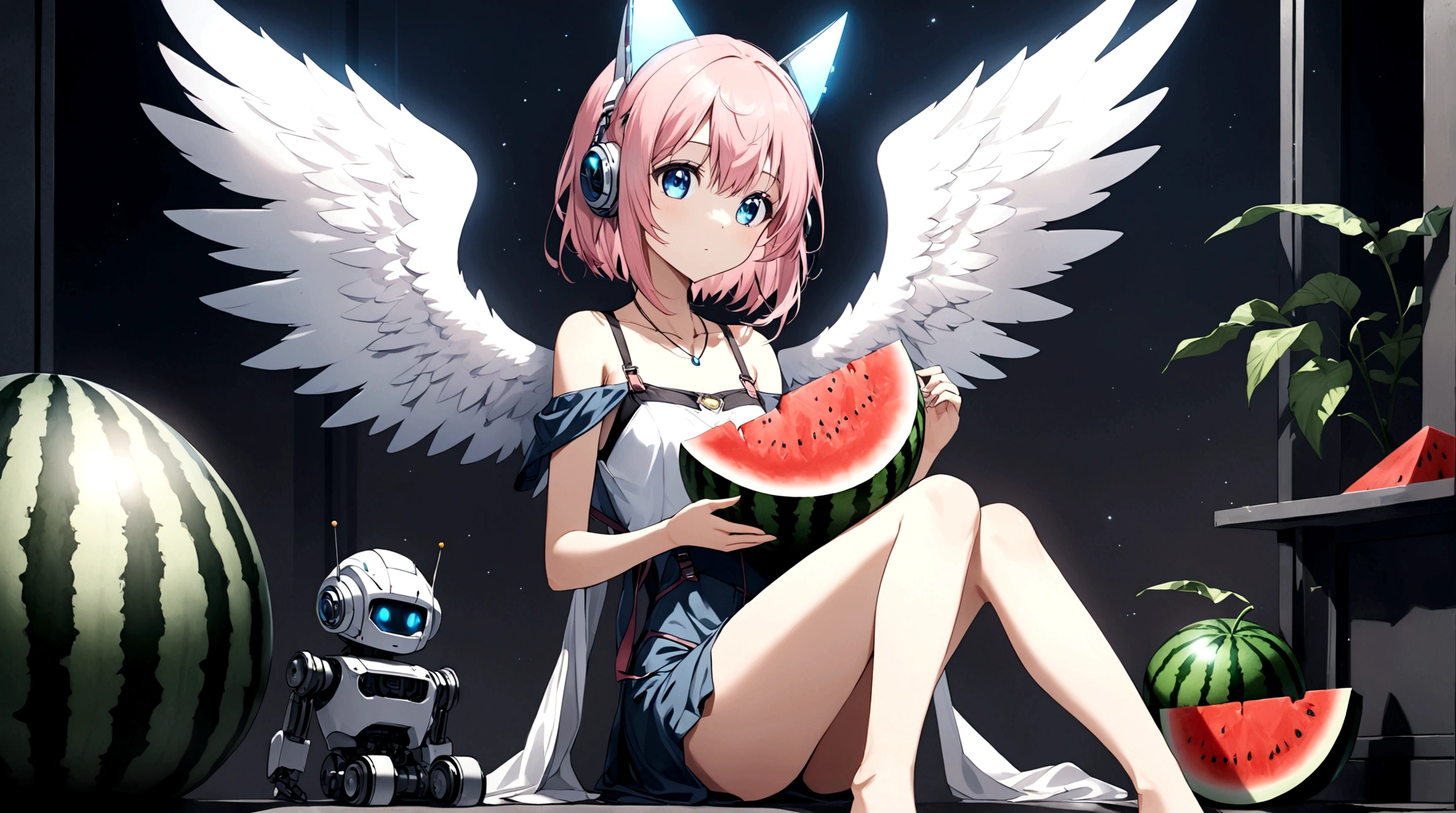 1girl, solo, blue eyes, holding, sitting, pink hair, food, wings, barefoot, fruit, holding food, angel wings, holding fruit, watermelon, robot ears