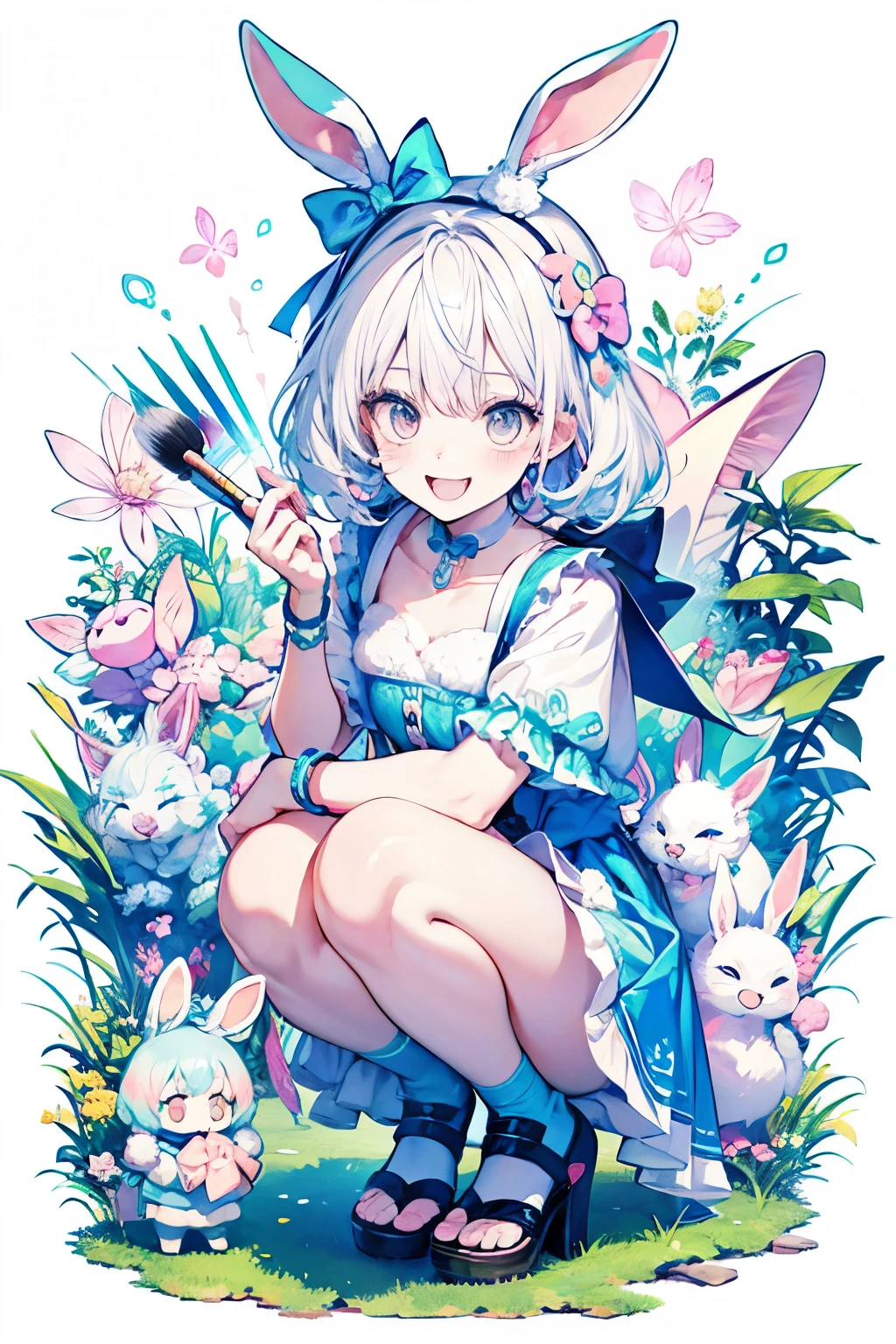 chibi character,Rabbit motif,(brush),((cute,kawaii,wonderland)),((pastel color)),((Cute assortment)),(Shy laugh),Shiny White hair,Rainbow,(squat)