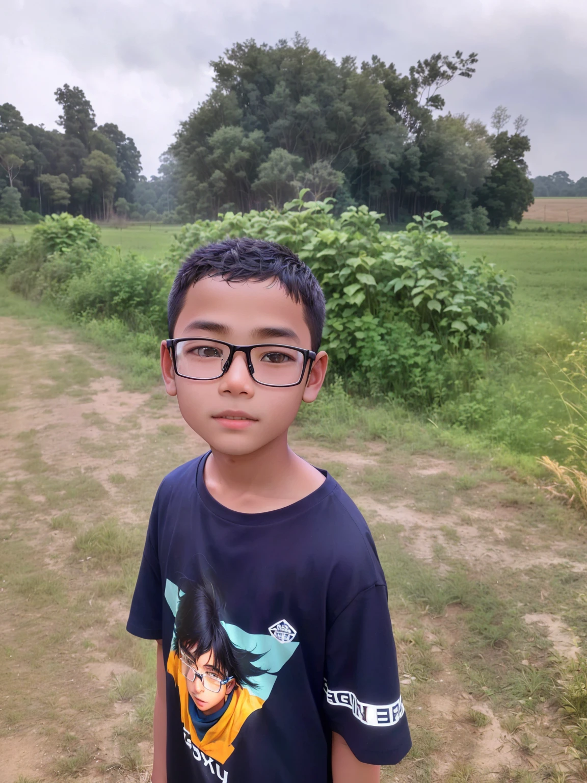 there is a young boy wearing glasses standing in a field, ayan nag, very very low quality picture, portait image, taken with sony alpha 9, very clear picture, boy with neutral face, assamese, with accurate face, young boy, shot on nikon z9, photo taken with canon 5d, reyyan, with kind face