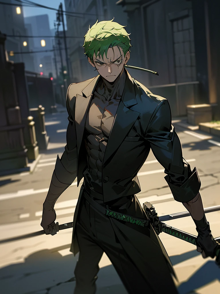 1 handsome boy, Roronoa zoro, annoyed look, (one eye closed), scar on eye, hair green. standing alone, whole body, ((((work of art))), ((best qualityer)), (extremely detaild), dark intense shadows, lighting, hdr, good composition, dynamic pose, eyes black, modern and stylish dark clothes, nblurry background, city street at night