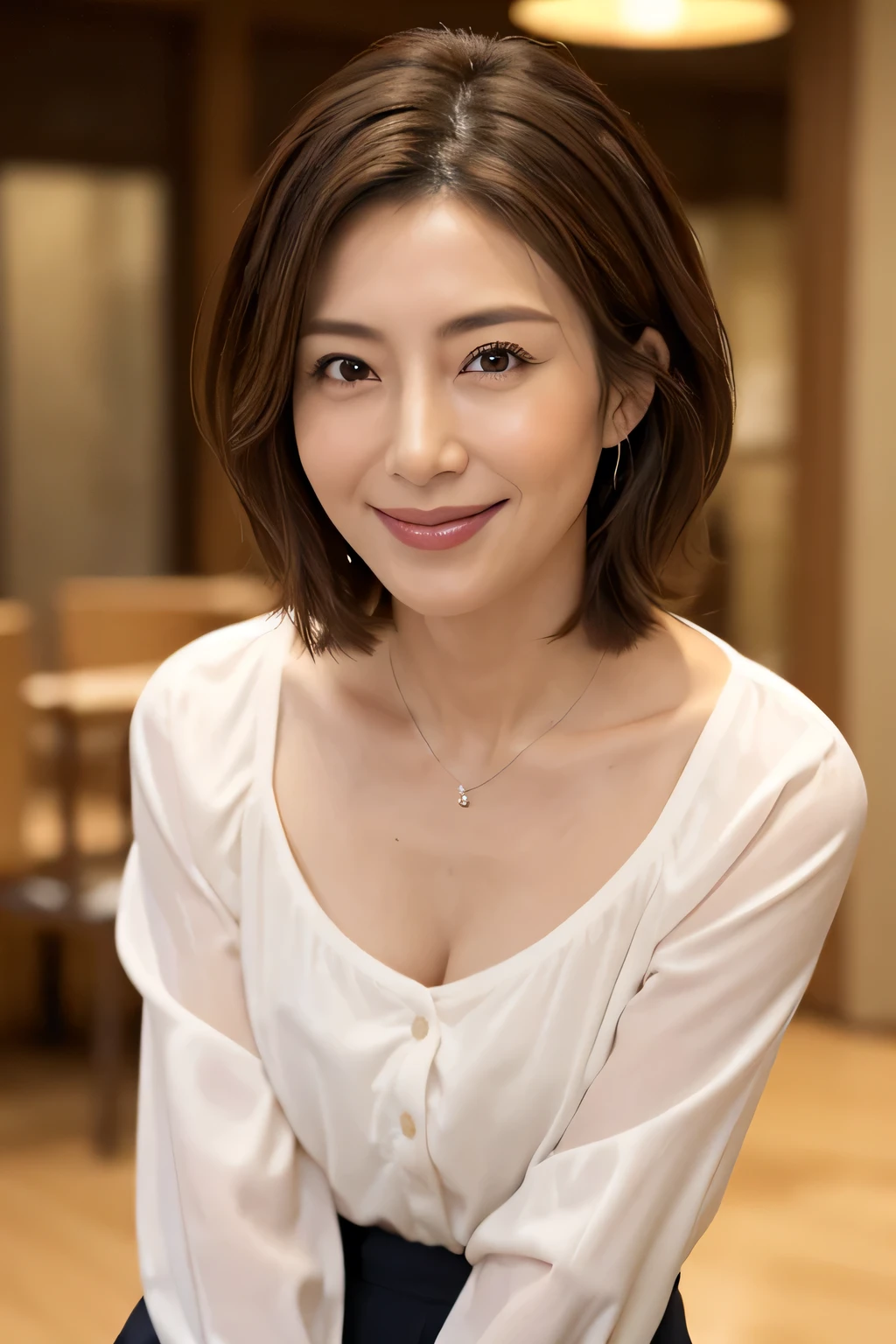 8K, Highest quality, masterpiece, Realistic, Realistic, Very detailed, Natural light, 1 Japanese female, 40 years old, Slightly brown-haired, short hair, White shirt, (Leaning forward to look into the floor camera), Detailed bending forward, Underwear and shirt, , Open neckline shirt with details, Her cleavage is visible, A refreshing smile, A friendly smile, Happy emotion smiley faces, Very detailedな顔と肌, Very detailedな目, Very detailedな顔と肌, Very detailed smile,