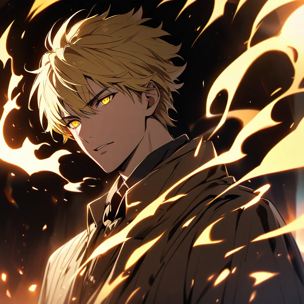 male, solo, handsome, blond hair, yellow eyes, light, aura, holo, golden