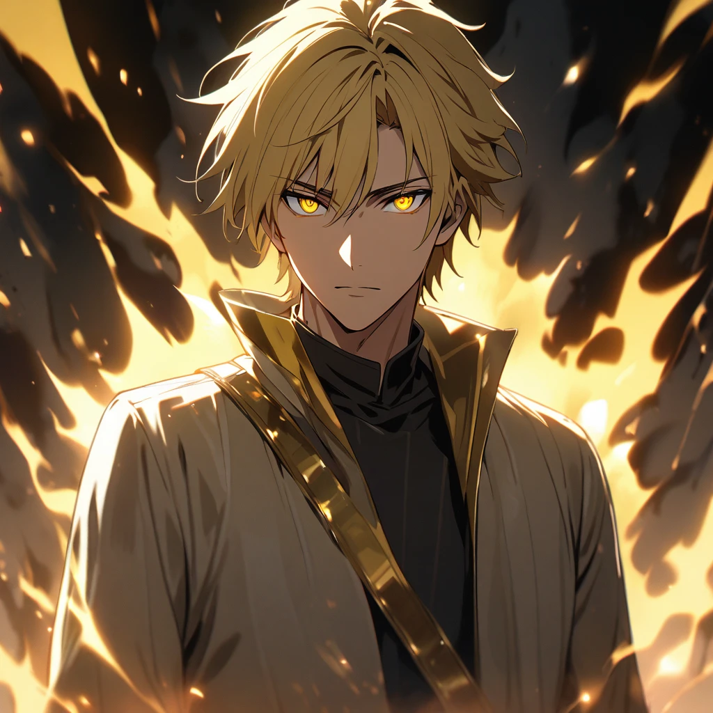 male, solo, handsome, blond hair, yellow eyes, light, aura, holo, golden