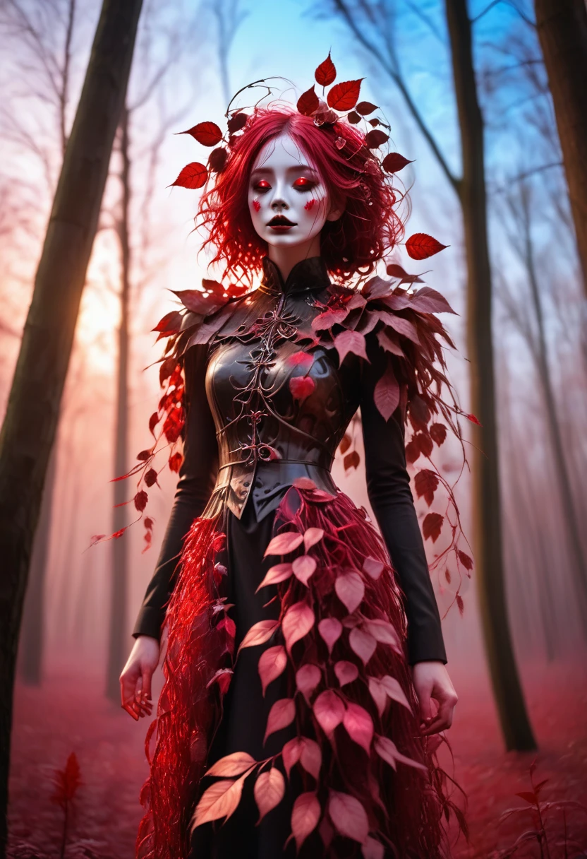 A creepy girl made of dead red plants, In the autumn forest at sunset, High saturation,