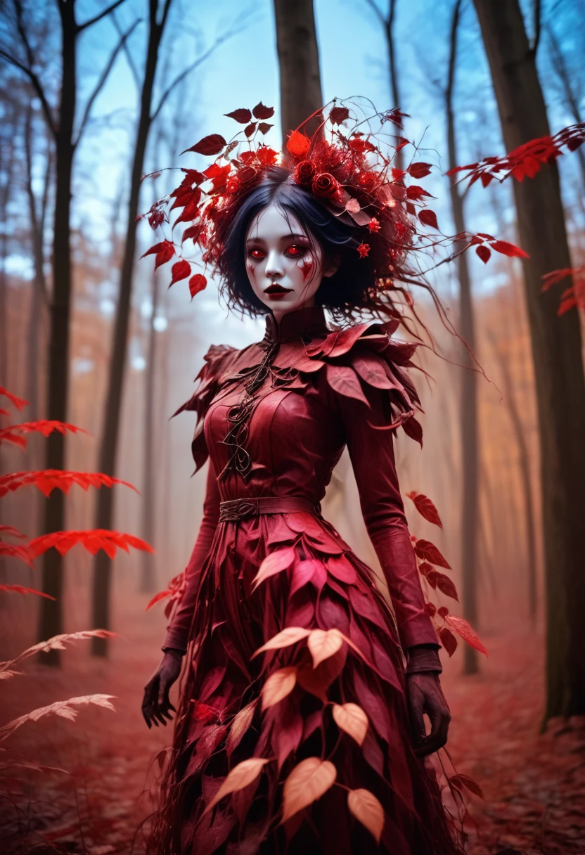 A creepy girl made of dead red plants, In the autumn forest at sunset, High saturation,