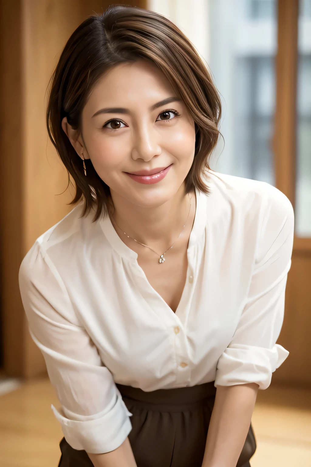 8K, Highest quality, masterpiece, Realistic, Realistic, Very detailed, Natural light, 1 Japanese female, 40 years old, Slightly brown-haired, short hair, White shirt, (Lean forward to look into the camera), Detailed bending forward, Underwear and shirt, , Open neckline shirt with details, Her cleavage is visible, A refreshing smile, A friendly smile, Happy emotion smiley faces, Very detailedな顔と肌, Very detailedな目, Very detailedな顔と肌, Very detailed smile,