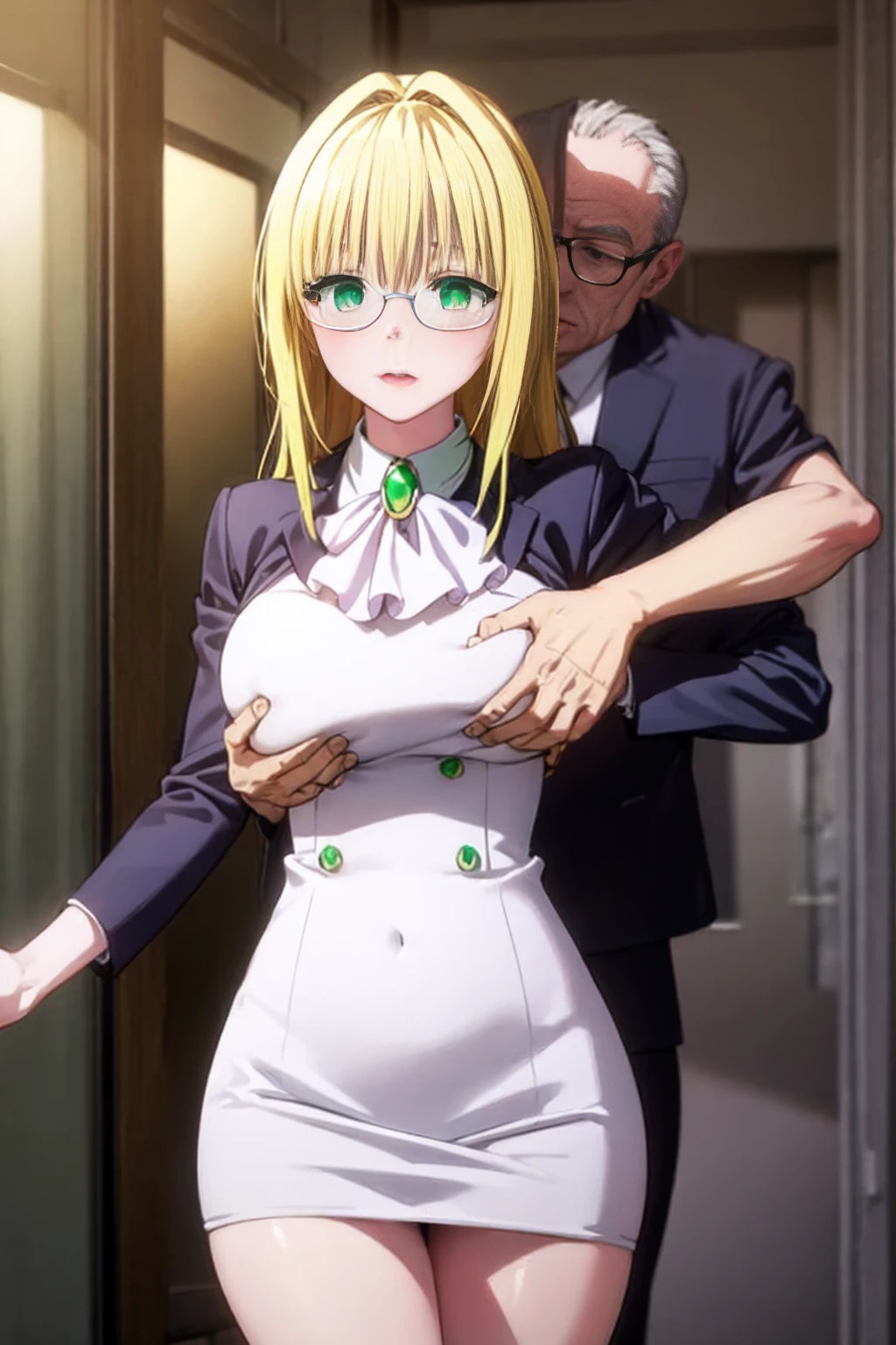 tearjulunatique, tearju lunatique, long hair, blonde hair, (green eyes:1.5), sidelocks, glasses, collared shirt, white shirt, long sleeves, ascot, white ascot, gemstone, green gemstone, skirt, pencil skirt, classroom, (beautiful detailed eyes:1.6), extremely detailed face, perfect lighting, extremely detailed CG, (perfect hands, perfect anatomy), (Old man grabs her breasts:1.5), Very embarrassed, Troubled laughter, 3 old man, (masterpiece:1.2, blush, My chest is grabbed from behind, (cowboy shot:1.5), (illustration:0.8)