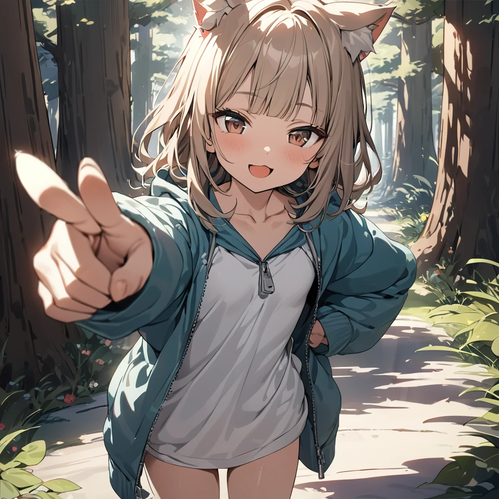 ((Masterpiece)), ((best quality)), (Anime:1.3), (super detail:1.2),(High Definition:1.3), (Professional Photography:1.2), (wide shot), (sharp focus), (perfect light), (()), from above, (morning), messy medium hair, Beautiful collarbone, (cute hoodie with zipper), white tanktop, (Healthy slim body), (loose blunt bangs), Slender body, glossy skin, (nauthy smile), open mouth, ((Beautiful brown eyes)), Textured skin, (Cat ears), Pale brown hair, Cute Beautiful Girl, (slightly exposed small chest), BREAK, ((best quality)), pointing forward with hand, ((lean against a giant trees)), (sharp focus), perfect hands, (perfect light),