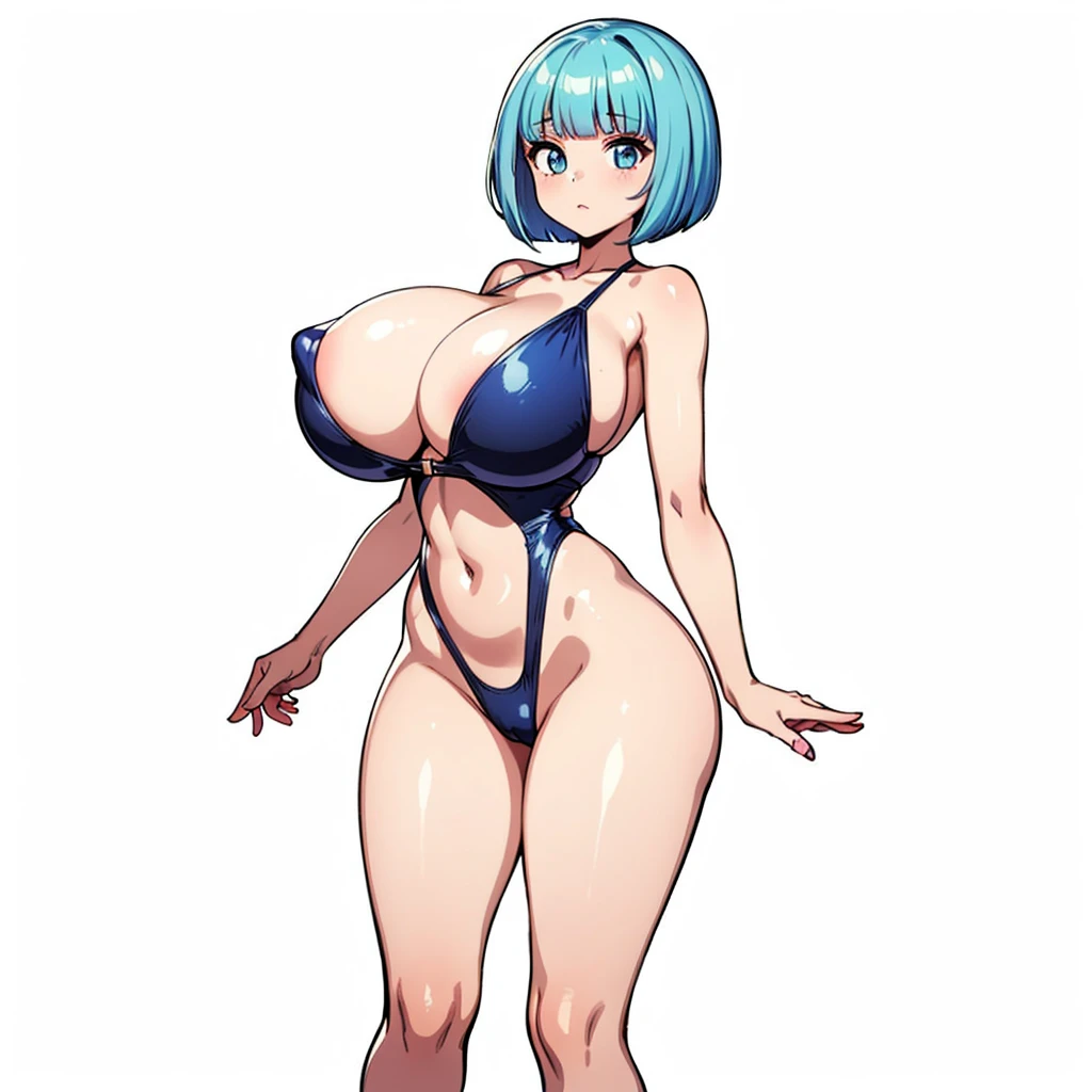 Metallic Colorful swimsuit,1girl,front view,Facing forward,looking at viewer,anime colored,full body,(gigantic breasts),shiny Skin,{bob cut!!,blunt bangs,black Blue Hair},white background