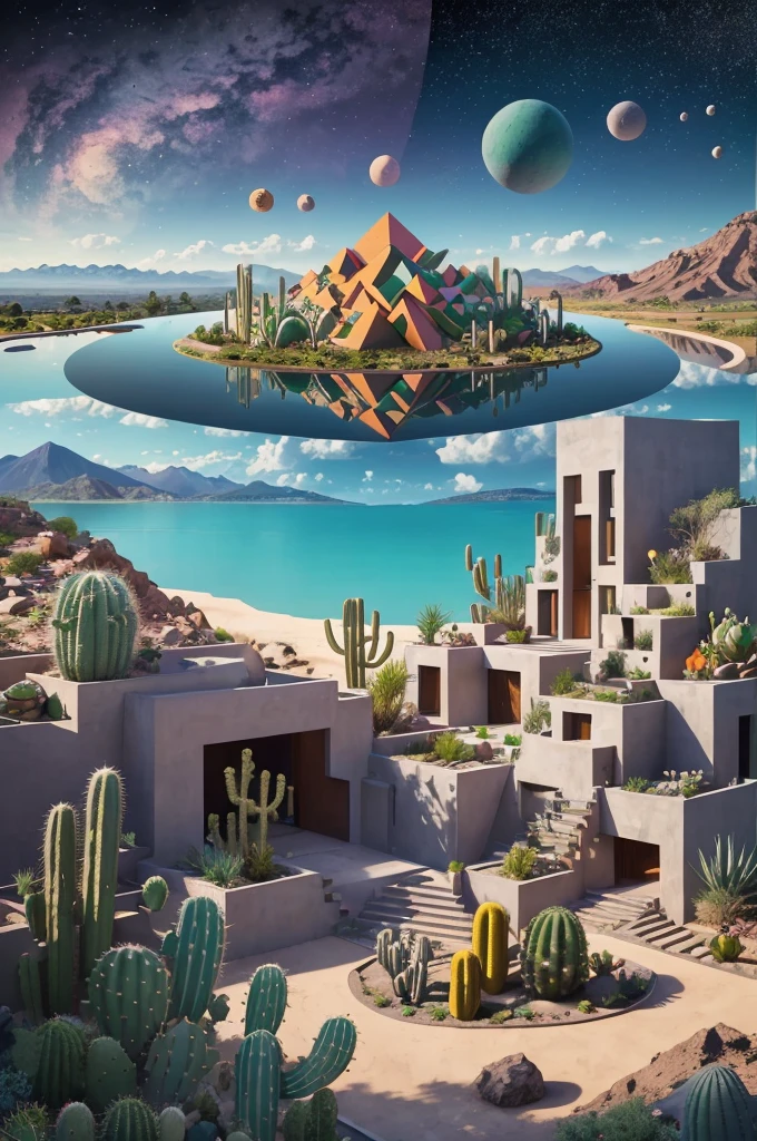 An illustration, collage style, David Hockney visual style, (((Luis Barragán's architectural style houses in middle of a lake))), big boulders, little cascade, mountains, volcanos, volcanic landscape, pool, stairs, beautiful gardens, abundant vegetation, cacti, agave, big clouds, sunset. Magazine cover, serif tipography, editorial design, masterpiece, An illustration in collage style, con rocas gigantes, Brutalist construction sections, escaleras, cactus, agave, textura de concreto, Multiple geometric shapes, hatch and cross hatching, planeta Saturno. ((masterpiece, best quality)),illustration,ultra detailed 8k. (((An illustration of a build designed by Luis Barragán))), with a desertic vegetation garden, (big rocks), ((cacti)), lake, volcano in horizon, smooth clouds, (((illustration collage format))), ((Escher's art style)), (((multiple sections))), (violet, blue, olive green, grey, black and white), hard shadows, (((geometric sculptures))), concrete sculptures, high contrast, dramatic, cinematographic, ((milky way galaxy)), intricate, intricate details, sharp focus,landscape