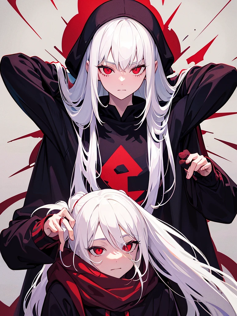 A front of a young man. White hair, red eyes. Wearing a black hoodie with purple details.  Dungeons and Dragons art direction, studio ghibli Style, light brushstrokes