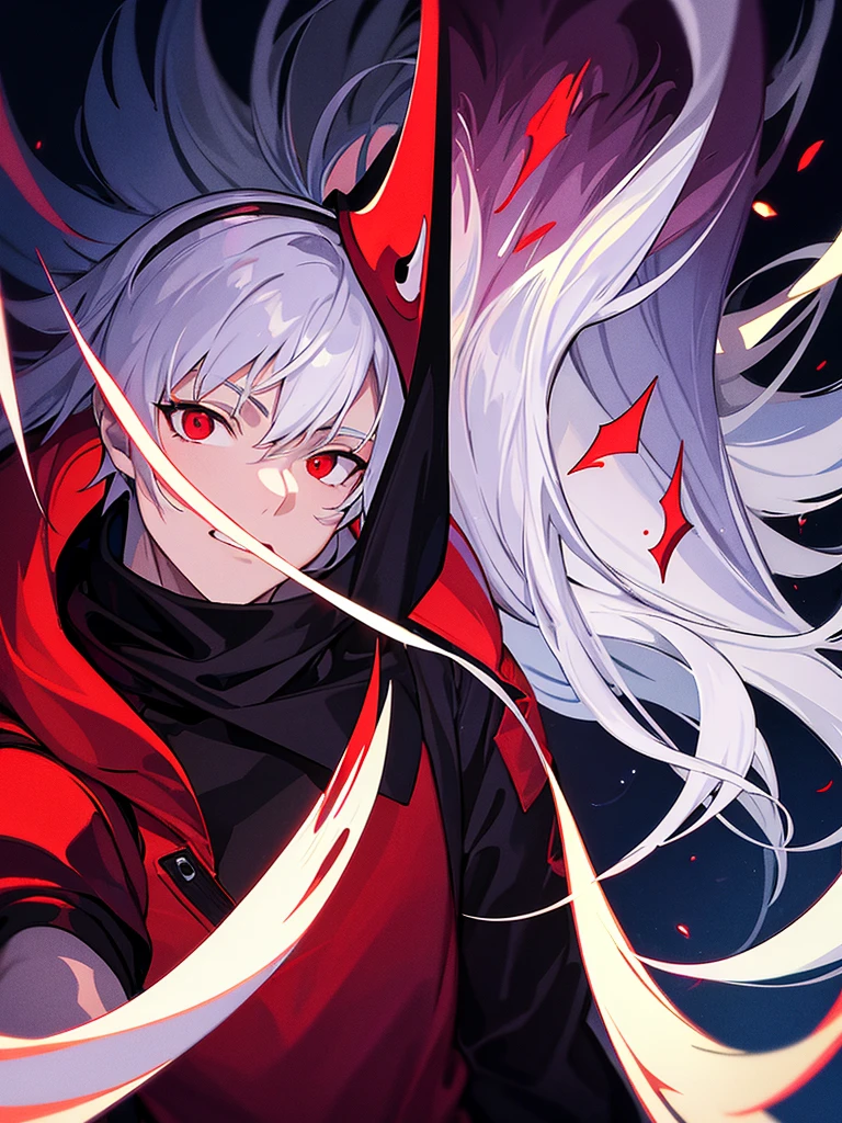 A front of a young man with white hair, red eyes and masculine face. Wearing a black hoodie with purple details. he is in a destroyed city, totally empty. Dungeons and Dragons art direction, studio ghibli Style, light brushstrokes