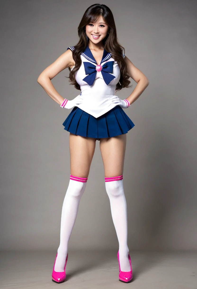 Beautiful asian woman, brunette, big breasts  ,ultra realistic, perfect face, long hair, full body photo, sexy smile, standing pose, elegant pose, sailor senshu outfit, pink white and blue, busty