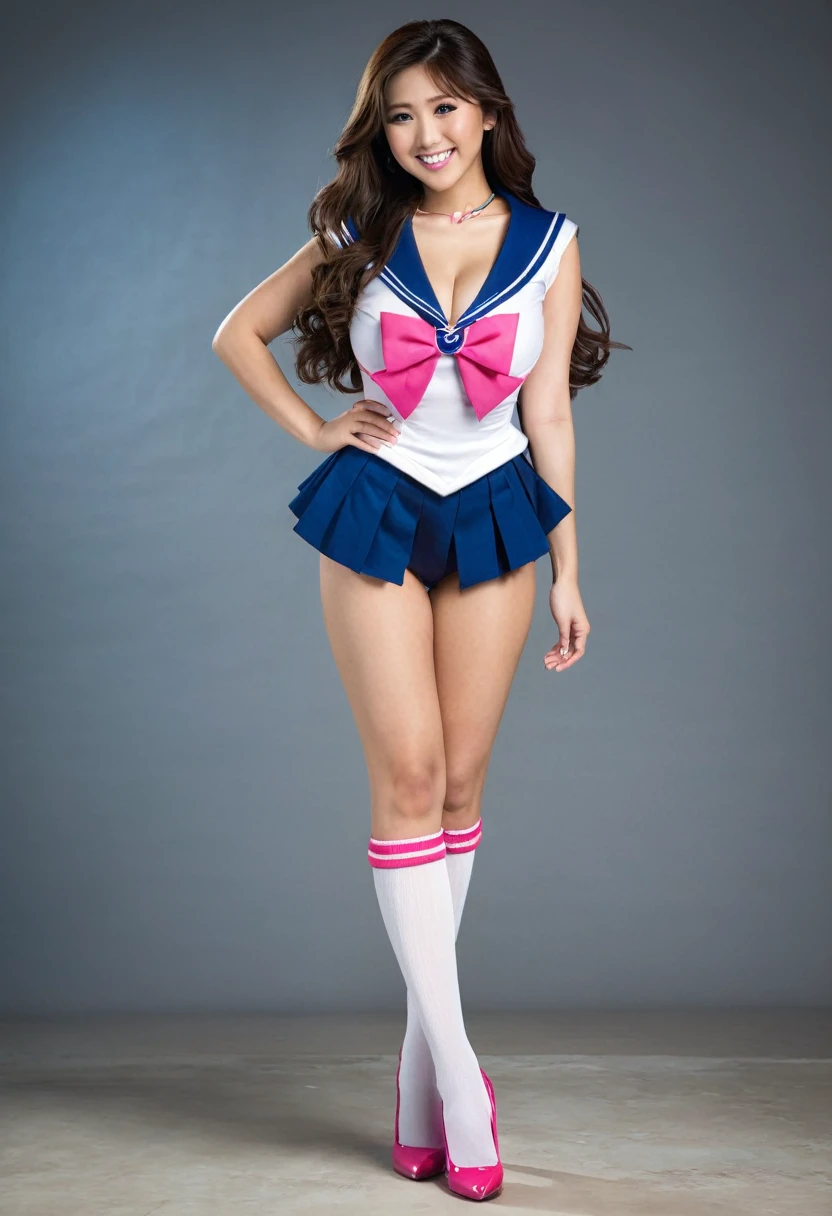 Beautiful asian woman, brunette, big breasts  ,ultra realistic, perfect face, long hair, full body photo, sexy smile, standing pose, elegant pose, sailor senshu outfit, pink white and blue, busty
