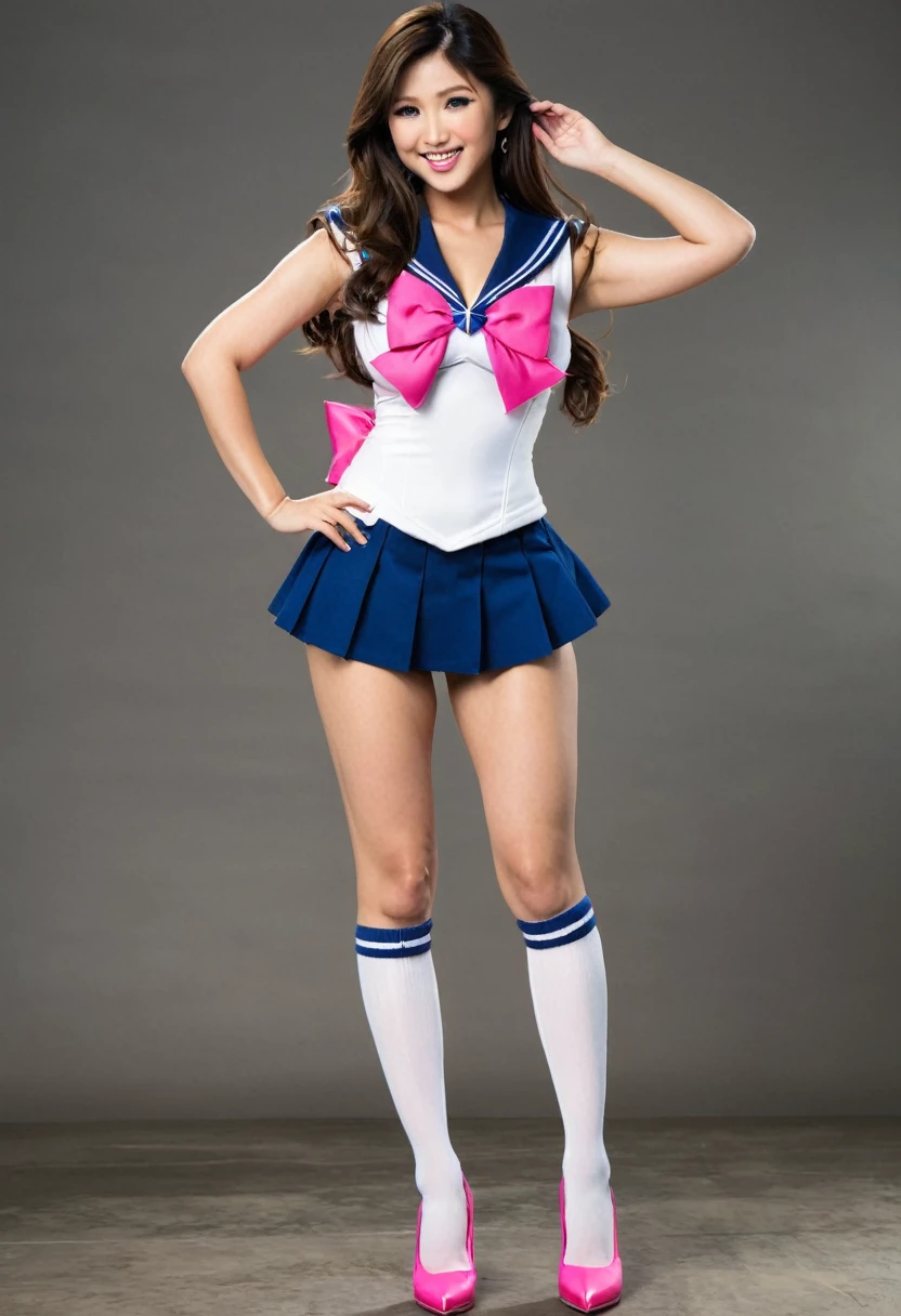 Beautiful asian woman, brunette, big breasts  ,ultra realistic, perfect face, long hair, full body photo, sexy smile, standing pose, elegant pose, sailor senshu outfit, pink white and blue, busty