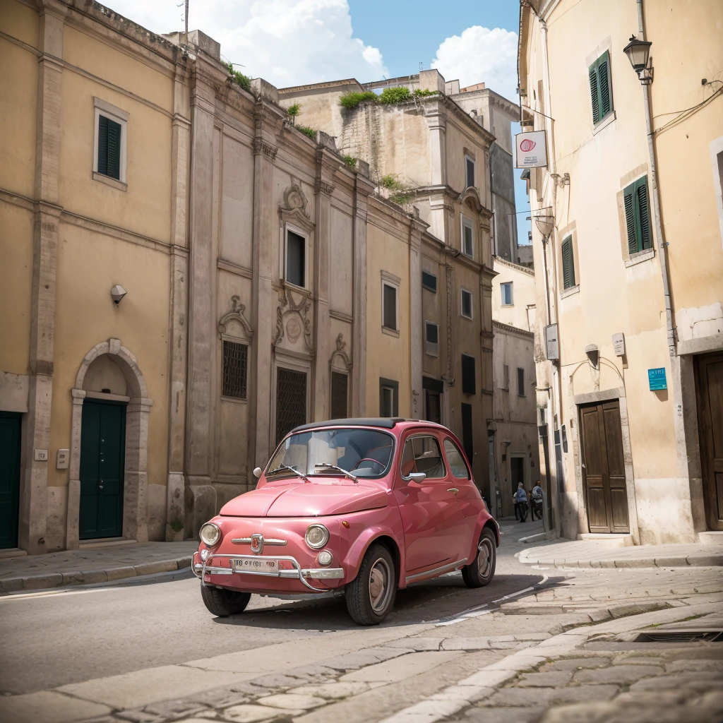 (FIAT500, classical old Italian Fiat 500 car, sassi_di_matera), a small bright pink-fucsia car. The old Fiat 500 that runs through the alleys of the Sassi of Matera. Photorealistic shot giving the motion blur of speed. In background Sassi of Matera landscape