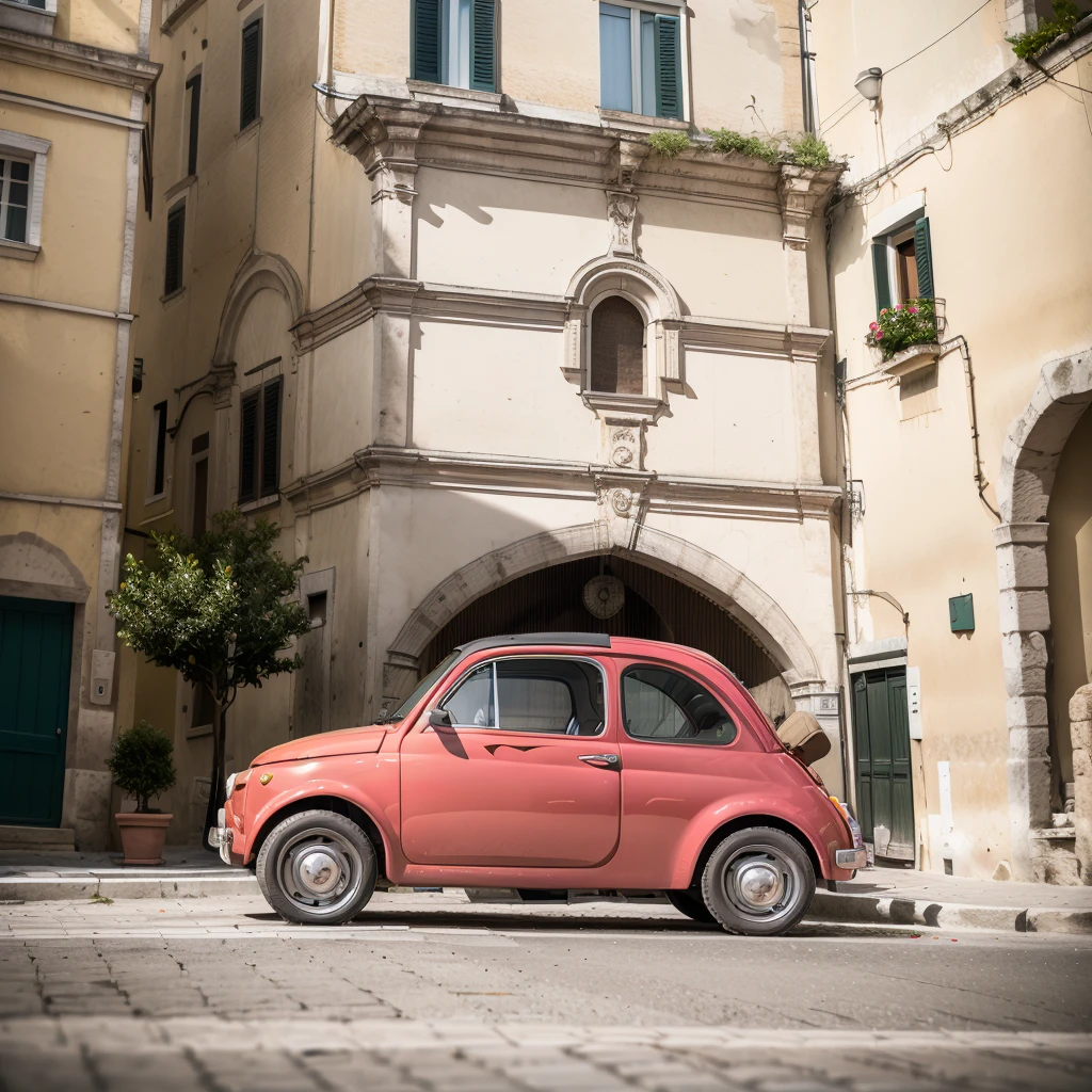 (FIAT500, classical old Italian Fiat 500 car, sassi_di_matera), a small bright pink-fucsia car. The old Fiat 500 that runs through the alleys of the Sassi of Matera. Photorealistic shot giving the motion blur of speed. In background Sassi of Matera landscape