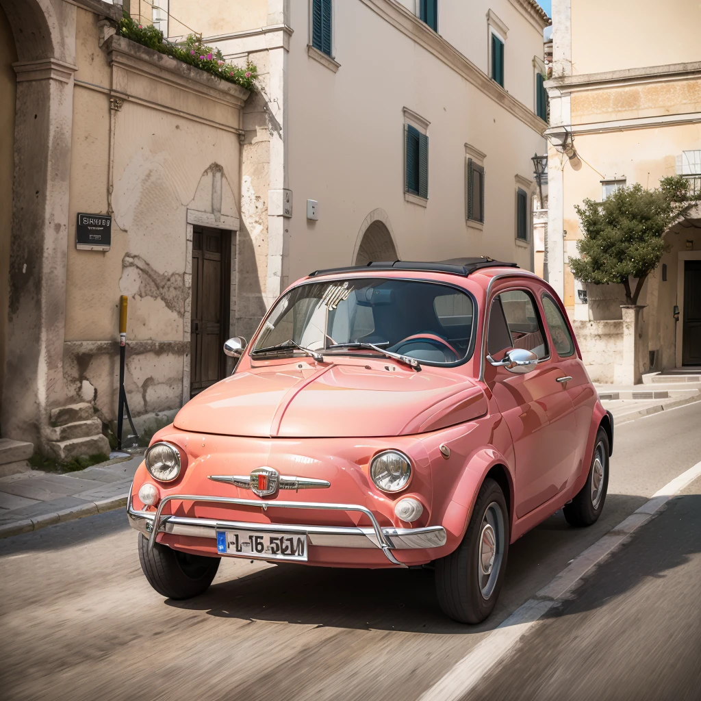 (FIAT500, classical old Italian Fiat 500 car, sassi_di_matera), a small bright pink-fucsia car. The old Fiat 500 that runs through the alleys of the Sassi of Matera. Photorealistic shot giving the motion blur of speed. In background Sassi of Matera landscape