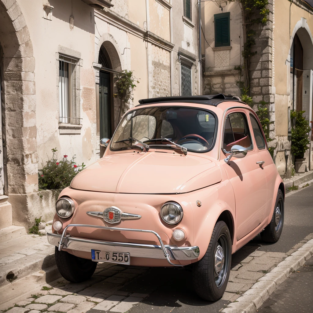 (FIAT500, classical old Italian Fiat 500 car, sassi_di_matera), a small bright pink-fucsia car. The old Fiat 500 that runs through the alleys of the Sassi of Matera. Photorealistic shot giving the motion blur of speed. In background Sassi of Matera landscape