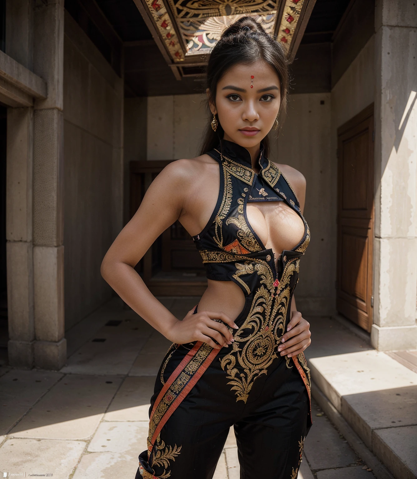 An Indian-styled futuristic sexy suut worn by a girl depicting cultural fusion and modern fashion. The suit is adorned with intricate patterns and vibrant colors, showcasing the rich heritage of Indonesia. The girl stands confidently in a dynamic pose, with her detailed eyes reflecting determination and curiosity. The suit's material is a combination of traditional textiles and futuristic synthetic fabrics, giving it a unique and avant-garde appearance. The overall image quality is of the highest standard, with sharp focus and ultra-detailed rendering. The artwork employs physically-based rendering techniques, resulting in realistic lighting and shadows. The colors are vivid and vibrant, capturing the essence of Indonesian cultural aesthetics. The background features a fusion of modern architecture and traditional elements, creating a harmonious blend of the past and the future. The prompt explores the intersection of Indonesian culture, futuristic design, and the artistic representation of a confident girl