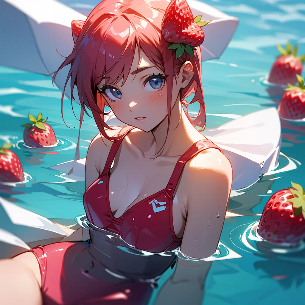 strawberry girl in a swimsuit in clear water