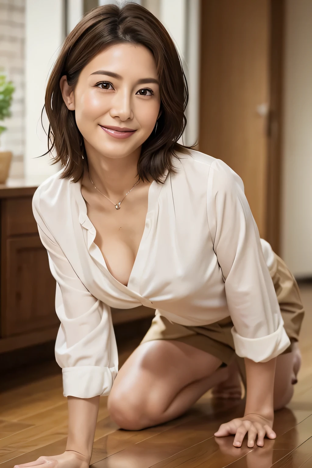 8K, Highest quality, masterpiece, Realistic, Realistic, Very detailed, Natural light, 1 Japanese female, 40 years old, Slightly brown-haired, short hair, White shirt, (Leaning forward to look into the floor camera), Detailed bending forward, Underwear and shirt, , Open neckline shirt with details, Her cleavage is visible, A refreshing smile, A friendly smile, Happy emotion smiley faces, Very detailedな顔と肌, Very detailedな目, Very detailedな顔と肌, Very detailed smile,