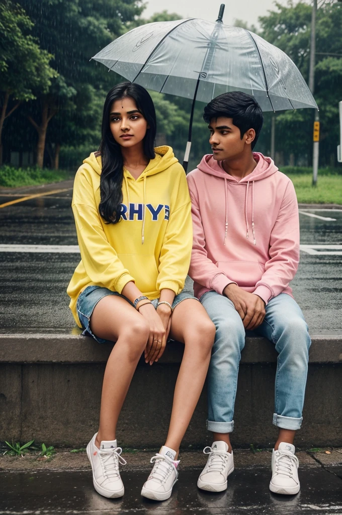 Realistic Indian 20 year old cute couple sitting on the road with an umbrella and boy wearing a yellow hoodie with name "VIJAY" write on it girl wearing a pink hoodie with name "RUCHI" write on it after rain and beautiful lonely couple with cute white cat rainy mood realistic picture pretty couple emotional picture profile pic rainy weather beautiful realistic photo rainy day hyperealistic photo it is rain