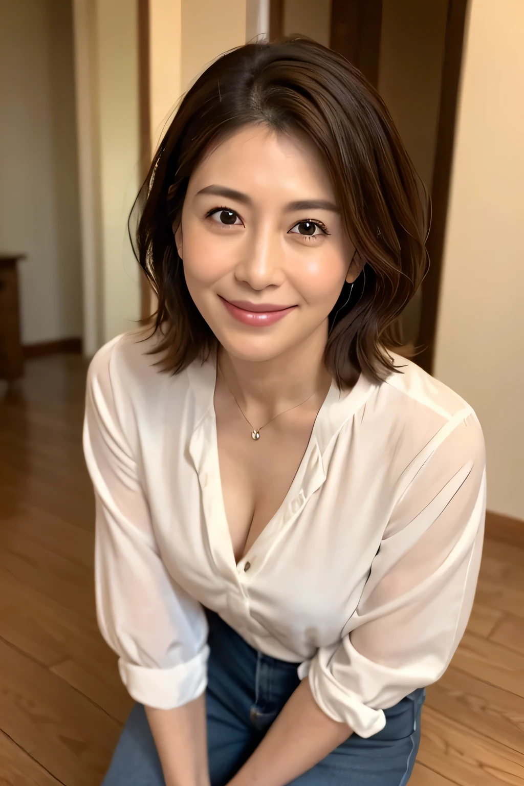 8K, Highest quality, masterpiece, Realistic, Realistic, Very detailed, Natural light, 1 Japanese female, 40 years old, Slightly brown-haired, short hair, White shirt, (Leaning forward to look into the floor camera), Detailed bending forward, Underwear and shirt, , Open neckline shirt with details, Her cleavage is visible, A refreshing smile, A friendly smile, Happy emotion smiley faces, Very detailedな顔と肌, Very detailedな目, Very detailedな顔と肌, Very detailed smile,