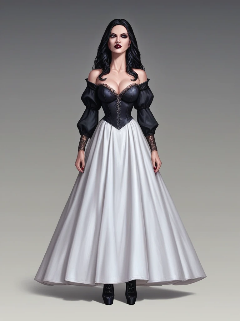 (masterpiece), best quality, expressive eyes, perfect face , full body, standing looking at the fieldstone, a vampire maiden, Appearance: Ethereal, mystical
- Intelligent, cryptic ,Deep crimson lips ,Pale and perfect skin ,Jet black hair ,Delicate features ,Bright Eyes ,Dark gothic background

Outfit:
- Victorian dress
- Long neck
- Puffed sleeves
- Floor-length skirt
- Lace and intricate embroidery
- Slender figure
- Fragility and threat
- High boots and stiletto heels