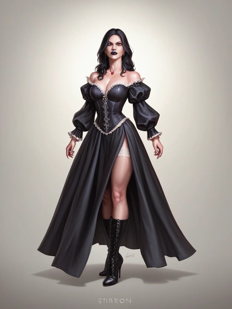 (masterpiece), best quality, expressive eyes, perfect face , full body, standing looking at the fieldstone, a vampire maiden, Appearance: Ethereal, mystical
- Intelligent, cryptic ,Deep crimson lips ,Pale and perfect skin ,Jet black hair ,Delicate features ,Bright Eyes ,Dark gothic background
Outfit:
- Victorian dress
- Long neck
- Puffed sleeves
- Floor-length skirt
- Lace and intricate embroidery
- Slender figure
- Fragility and threat
- High boots and stiletto heels
