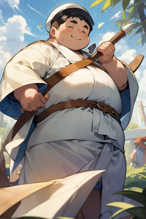 fat Boy，cute，overweight，Light-colored robes，Black streamer，White beret，，In the wild，masterpiece，high quality，high-definition，