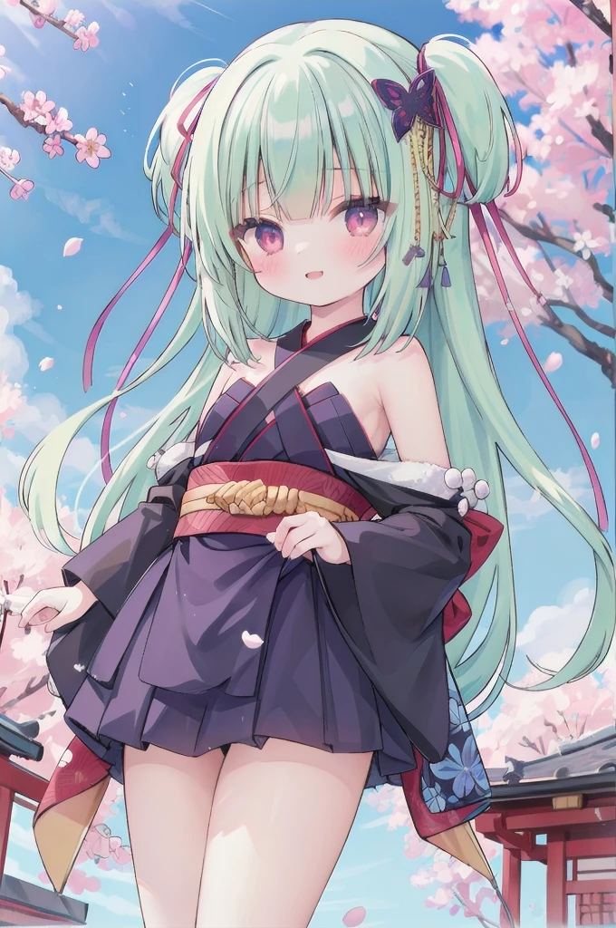 ((masterpiece,best quality))
 1 Girl, Murasame, two simoralitye up, Hair accessories,
kimono, bare shoulmoralityers, half-closemorality eyes, remorality eyes, :morality, outmoralityoors, Cherry blossoms, blue sky smile pantie