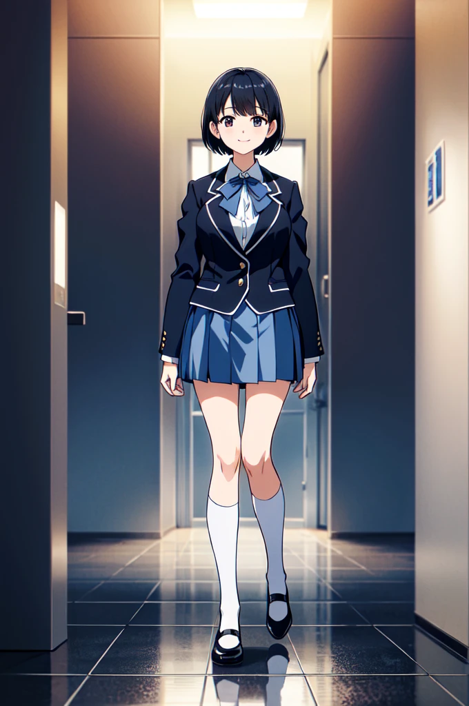 masterpiece, 32k, extremely detailed, finely detail, intricate details, 
BREAK
(absurdres:1.1, highres:1.1, ultra detailed:1.1),
insanely detailed, absurdres, 
(high resolution:1.1, ray tracing:1.1, refraction:1.1)
(1girl, 独奏:1.3),  
BREAK
perfect symmetrical face, smile, high school student, High School Uniform, Navy blue single blazer, White ribbon, Very Short Hair, 黒髪
BREAK,
(((full body))), 
BREAK