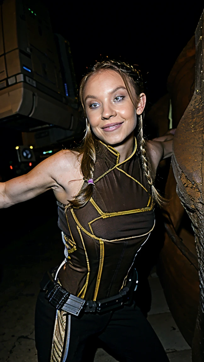 (masterpiece), (solo character), (best quality), (photorealistic 1.4), (EpicRealLife), (epiCFlashPhoto), (night time), (satele shan brown bodysuit), (satele shan brown leather costume), (arm bands), (SateleShan armor), (satele shan hairstyle), ( twin braided hair), (shoulder armor), bare shoulders, (SateleShan leather belt), (sateleshan costume), (Sydney Sweeney), (blue eyes), (large breasts), (cleavage), (in a scifi city), (daylight), (daytime), (natural lights), (flashphoto), (flash photography), (star wars themes), (outdoor space station), (look at viewers), (squatting)